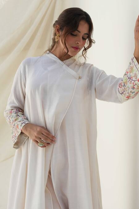 Kanika Sharma White Chanderi, Cotton, Muslin Embroidery Bandeau Neck Angarkha And Palazzo Set at Aza Fashions Kanika Sharma_White Chanderi, Cotton, Muslin Embroidery Bandeau Neck Angarkha And Palazzo Set _at_Aza_Fashions