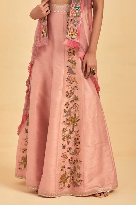 Aum By Asit And Ashima Pink Silk Embroidery V-neck Sheer Placement Cape Sharara Set at Aza Fashions Aum By Asit And Ashima_Pink Silk Embroidery V-neck Sheer Placement Cape Sharara Set _at_Aza_Fashions