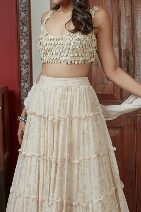 Arpita Mehta_Cream Georgette Beads, Ruffles, Mirrors Scoop Neck Garden Print Tiered Skirt Set_Online_at_Aza_Fashions