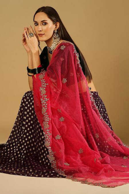 Shop Monk & Mei By Sonia Anand Purple Organza, Velvet, Brocade Embroidery Roza Floral Woven Lehenga Blouse Set Online at Aza Fashions Shop_Monk & Mei By Sonia Anand_Purple Organza, Velvet, Brocade Embroidery Roza Floral Woven Lehenga Blouse Set _Online_at_Aza_Fashions