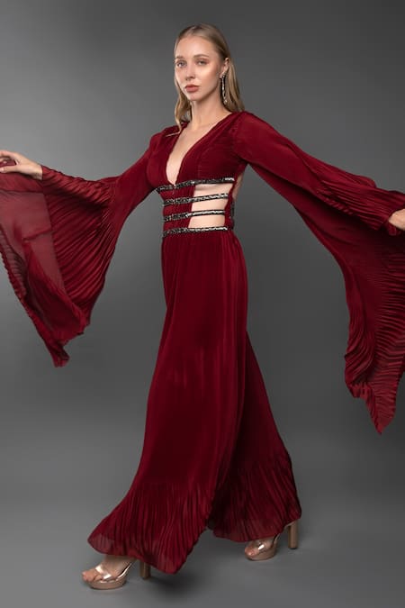 Anjum Qureshi_Maroon Pleated Embroidery Cutdana Plunge V Neck Waterfall Sleeve Jumpsuit _at_Aza_Fashions