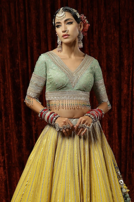 Buy_Shikhar Sharma_Yellow Silk, Chanderi, Net Crystals, Pearls, Embroidery Bridal Lehenga Set _Online_at_Aza_Fashions