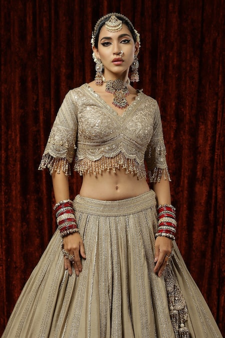 Shop Shikhar Sharma Gold Lehenga And Blouse Silk Chanderi Embroidered Gota & Dori Work Bridal Set Online at Aza Fashions Shop_Shikhar Sharma_Gold Lehenga And Blouse Silk Chanderi Embroidered Gota & Dori Work Bridal Set _Online_at_Aza_Fashions