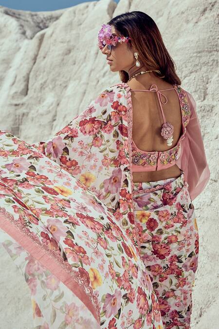 Shop_Nikita Vishakha_Pink Georgette, Silk Organza Embroidery Floral Printed Pre-draped Saree Set _Online_at_Aza_Fashions
