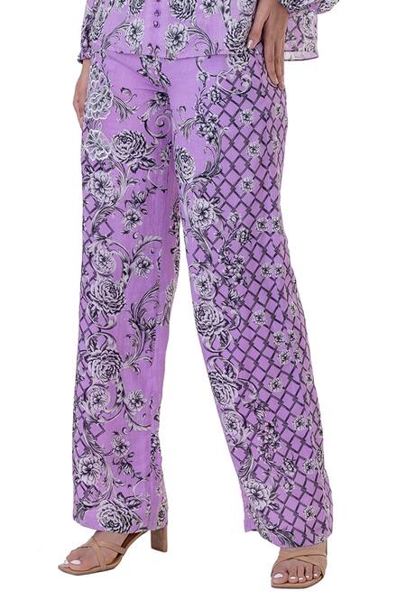 Gaya_Purple Linen Printed Floral Mandarin Collar Top And Pant _at_Aza_Fashions