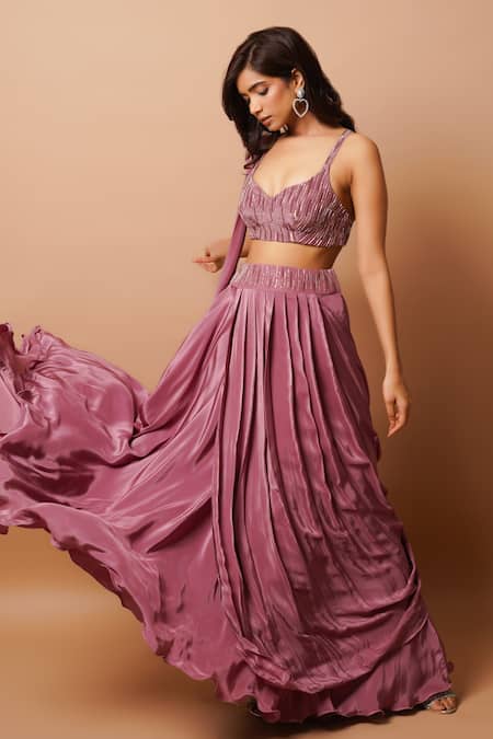 Ahi Clothing_Pink Crepe Sequins, Cut Work, Zari Sweetheart Embroidered Bustier And Lehenga Set _at_Aza_Fashions