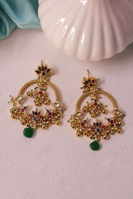 Shop_Ishhaara_Multi Color Stones, Gota Patti Kundan Embellished Earrings _Online_at_Aza_Fashions