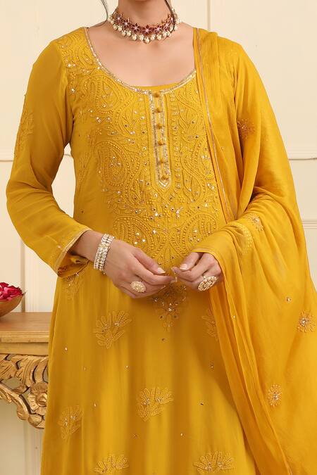 Esha Koul_Yellow Georgette Embroidered And Embellished Chikankari Notched Kurta Pant Set_at_Aza_Fashions