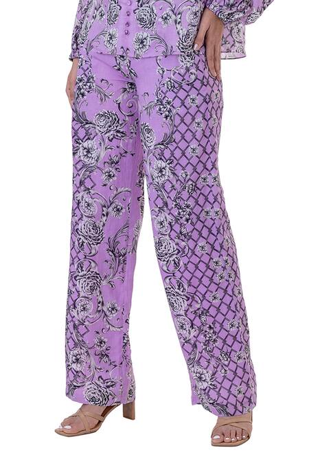 Gaya_Purple Linen Printed Floral Mandarin Collar Blouson Sleeve Top And Pant _at_Aza_Fashions