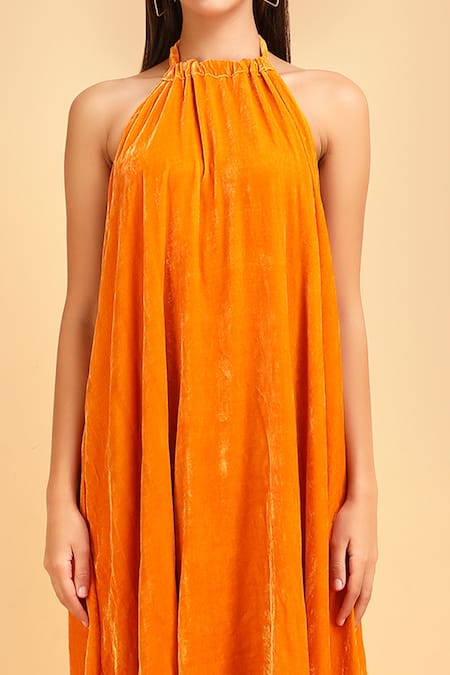 Label Ivish_Orange Silk, Velvet Halter Neck Asymmetric Dress _at_Aza_Fashions