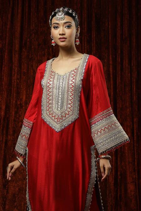 Buy Shikhar Sharma Red Silk, Georgette, Chanderi Pearls, Gota Patti, Embroidered Kurta Pant Set Buy_Shikhar Sharma_Red Silk, Georgette, Chanderi Pearls, Gota Patti, Embroidered Kurta Pant Set