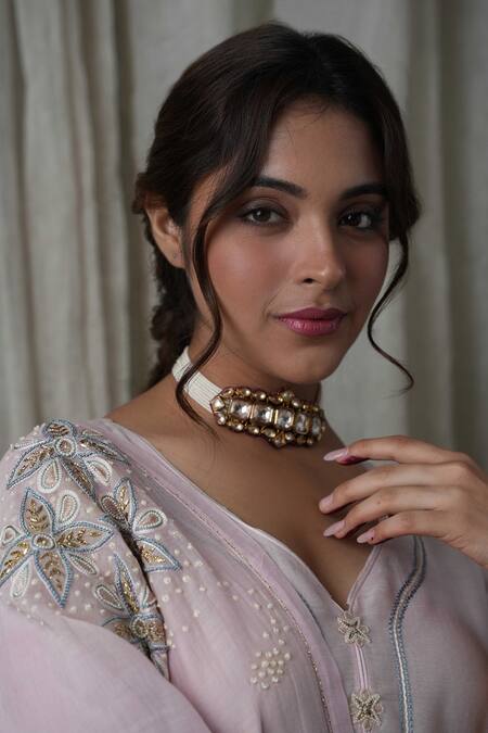 Shop Kanika Sharma Pink Chanderi Silk, Modal, Muslin Pearls, Embroidery Kurta Peshwa Salwar Set Online at Aza Fashions Shop_Kanika Sharma_Pink Chanderi Silk, Modal, Muslin Pearls, Embroidery Kurta Peshwa Salwar Set _Online_at_Aza_Fashions