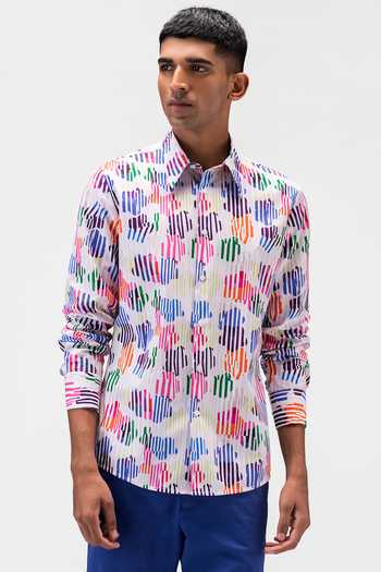 Shop_Genes Lecoanet Hemant_Multi Color Cotton, Poplin Rainbow Striped And Floral Collage Shirt_Online_at_Aza_Fashions