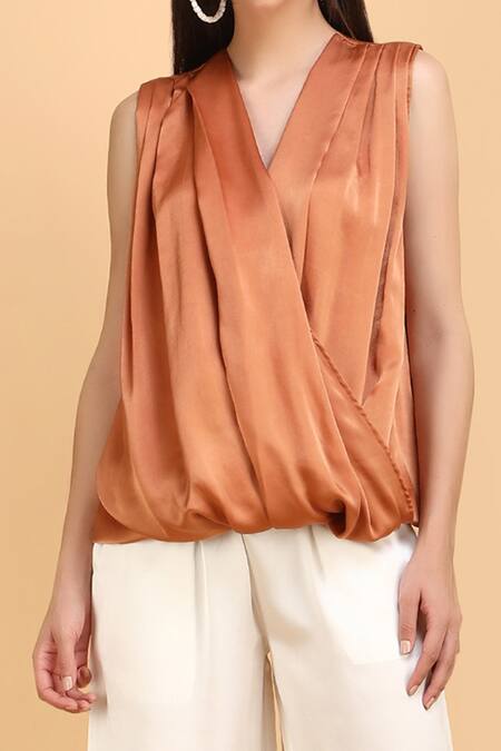 Label Ivish_Brown Silk V-neck Drape Wrap Top And Pant Set _at_Aza_Fashions