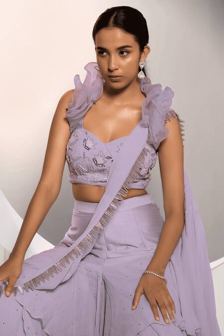 Shop_Jade By Ashima_Blue Georgette Embroidery Halter Ophelia Pre-draped Gharara Saree With Blouse _Online_at_Aza_Fashions