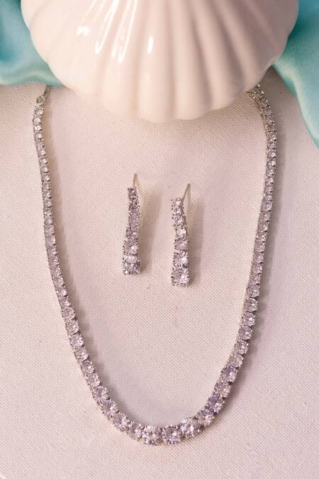 Ishhaara Silver Plated Crystals Zirconia Studded Necklace Set at Aza Fashions Ishhaara_Silver Plated Crystals Zirconia Studded Necklace Set _at_Aza_Fashions
