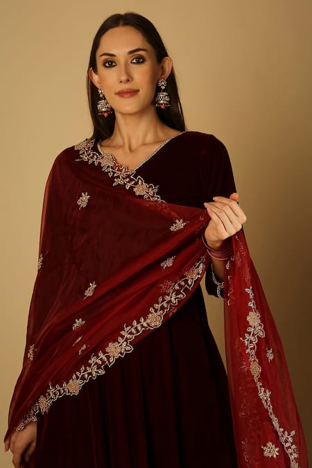 Shop_Monk & Mei By Sonia Anand_Maroon Velvet, Georgette, Organza Embroidery, Zareen A-line Kurta Palazzo Set _Online_at_Aza_Fashions