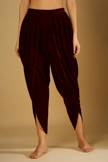 Monk & Mei By Sonia Anand_Maroon Velvet, Brocade, Georgette Tamanna Asymmetric Kurta And Dhoti Pant Set _at_Aza_Fashions