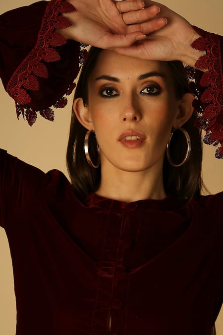 Monk & Mei By Sonia Anand Maroon Velvet Lace Round Neck Taj Peplum Jacket at Aza Fashions Monk & Mei By Sonia Anand_Maroon Velvet Lace Round Neck Taj Peplum Jacket _at_Aza_Fashions