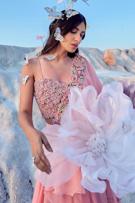 Nikita Vishakha_Pink Organza, Net, Georgette, Jacquard Zari, Ruffled And Layered Skirt Set _at_Aza_Fashions