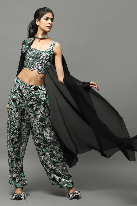 AK-OK Green Lycra Embroidery, Cut Work Square Floral Print Top And Joggers Set With Cape at Aza Fashions AK-OK_Green Lycra Embroidery, Cut Work Square Floral Print Top And Joggers Set With Cape _at_Aza_Fashions