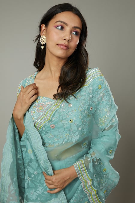 I Am Design Blue Silk Organza Floral Pattern, Sequins Peppermint Candy Embroidered Saree at Aza Fashions I Am Design_Blue Silk Organza Floral Pattern, Sequins Peppermint Candy Embroidered Saree _at_Aza_Fashions