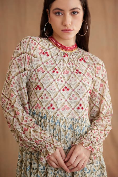 Shop Nikasha Red Viscose, Georgette Sequins, Embroidery Mughal Print Puff Sleeve Midi Dress Online at Aza Fashions Shop_Nikasha_Red Viscose, Georgette Sequins, Embroidery Mughal Print Puff Sleeve Midi Dress _Online_at_Aza_Fashions