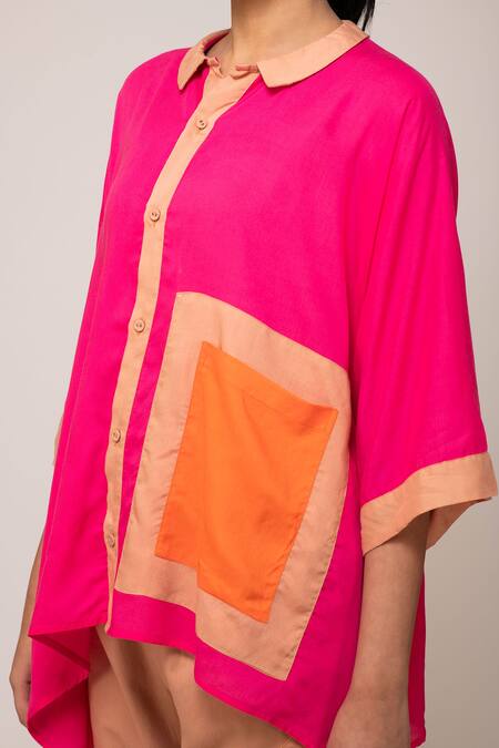 Shop_Ekavira_Pink Cotton, Modal, Twill Champa Color Block Shirt And Dahlia Brown Pant Set_Online_at_Aza_Fashions