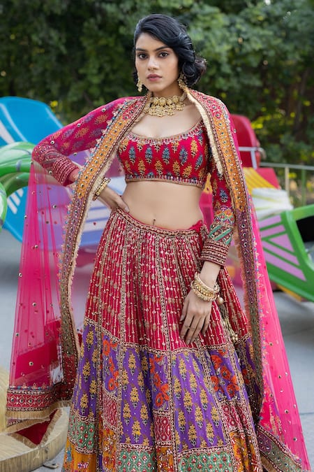 Irrau By Samir Mantri_Multi Color Georgette, Net Beads, Hand Embroidered Panelled Bridal Lehenga Set _at_Aza_Fashions