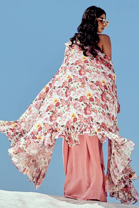 Nikita Vishakha_Pink Crepe, Georgette Embroidery Round Neck Floral Print Cape And Cowl Skirt Set _at_Aza_Fashions
