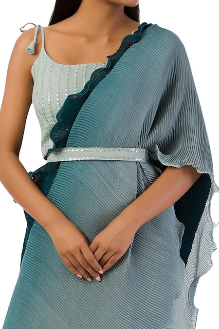 Meghna Shah Blue Georgette, Chiffon Embroidery, Sequins Round Palazzo Saree With Blouse at Aza Fashions Meghna Shah_Blue Georgette, Chiffon Embroidery, Sequins Round Palazzo Saree With Blouse _at_Aza_Fashions