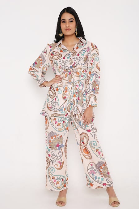 Bha Sha_Ivory Modal, Satin Collared Floral Bloom Print Tunic With Pant _Online_at_Aza_Fashions