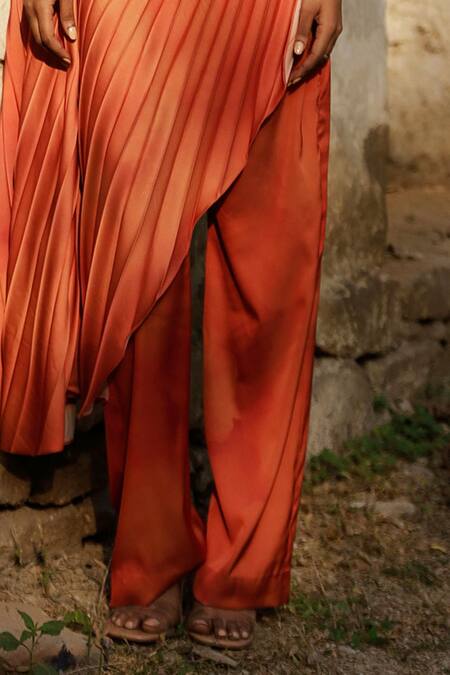 Zwaan_Orange Satin Plain Solid Pant_at_Aza_Fashions