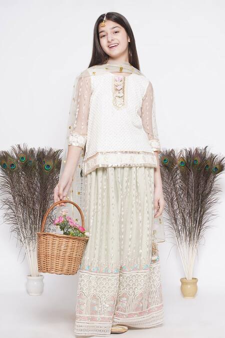 Buy_Little Bansi_Green Cotton, Net Sequins, Pearls, Embroidery Embellished Lehenga Set 