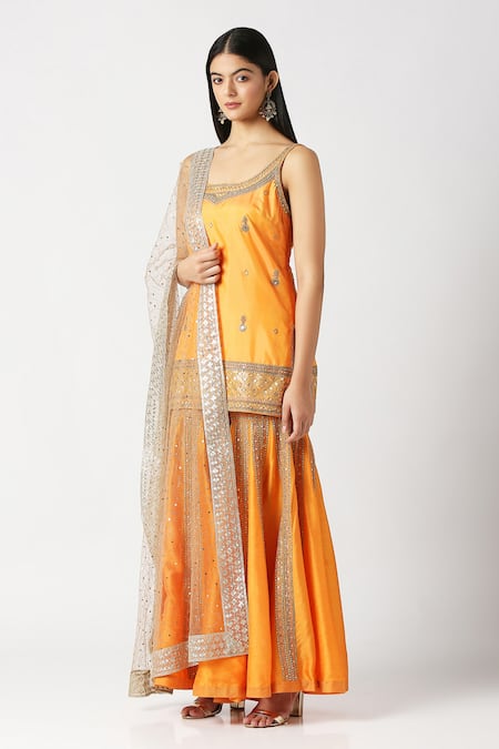 Shop_Labbada_Yellow Kurta Pure Silk Hand Embroidered Marodi Scoop U Neck Short Sharara Set_Online_at_Aza_Fashions