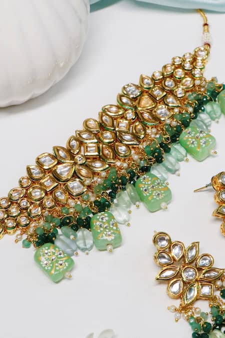 Shop_Ishhaara_Green Beads, Diamonds Kundan Embellished Choker Set _Online_at_Aza_Fashions
