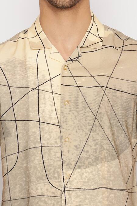 Lacquer Embassy_Beige Rayon Printed Linear Doodle Half Sleeve Shirt _at_Aza_Fashions