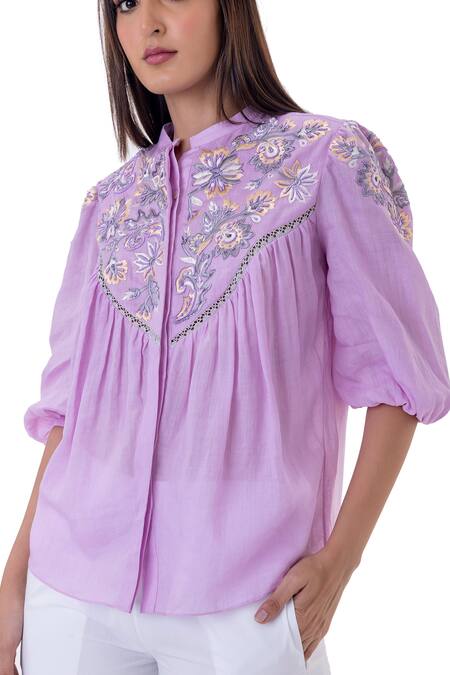 Gaya_Purple Linen Embroidered Floral Mandarin Collar Yoke Shirt _at_Aza_Fashions