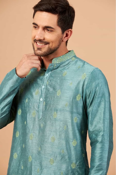 Buy_Hilo Design_Blue Cotton, Silk, Lycra Embroidery Greafy Floral Kurta Set _Online_at_Aza_Fashions