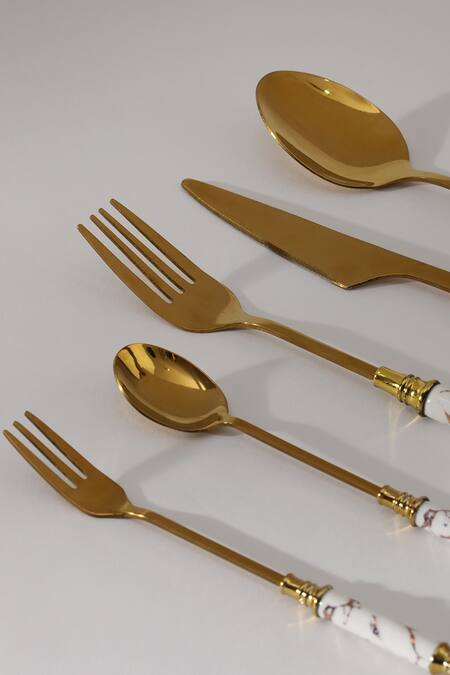 Table Manners_Gold Stainless Steel/ Reinforced Porcelain Marble And Cutlery Set_at_Aza_Fashions