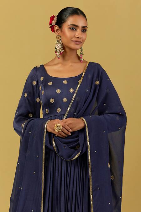 Shop_Ikshita Choudhary_Blue Satin Embroidery Round Neck Hand Anarkali With Dupatta _Online_at_Aza_Fashions