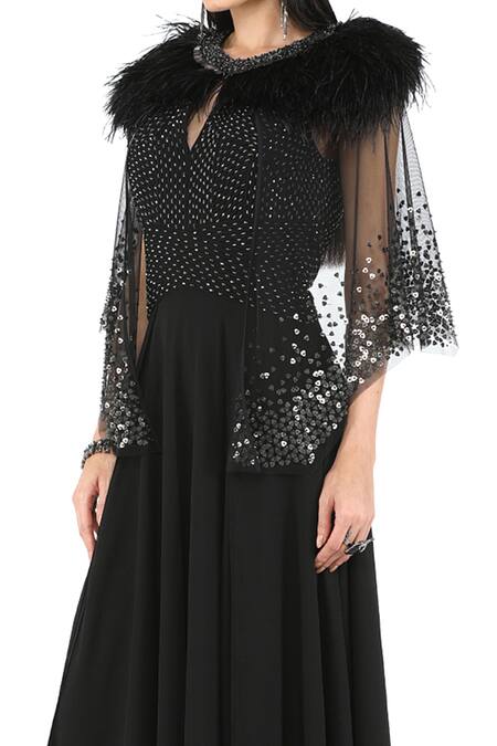 Rohit Gandhi + Rahul Khanna_Black Polyester Sequins Round Neck Ace Corded Gown With Cape _Online_at_Aza_Fashions
