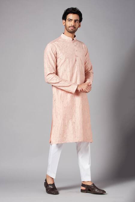 Shop_Hilo Design_Peach Cotton, Lycra Embroidery Tiyaan Tropical Kurta Set _Online_at_Aza_Fashions