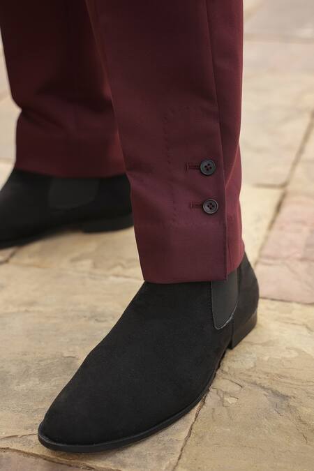 Raw & Rustic By Niti Bothra_Wine Cotton Buttoned Hem Solid Jeans_at_Aza_Fashions