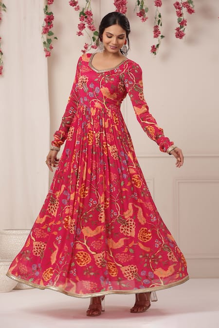 Shop_Bairaas_Magenta Chinon Hand Work Lace Trims Nigaar Floral Pattern Anarkali With Dupatta_Online_at_Aza_Fashions