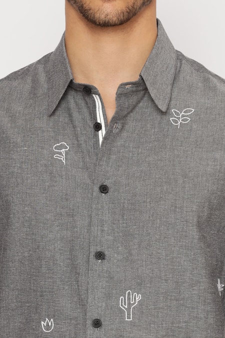 Lacquer Embassy Grey Cotton Embroidery Botolph Chambray Shirt at Aza Fashions Lacquer Embassy_Grey Cotton Embroidery Botolph Chambray Shirt _at_Aza_Fashions