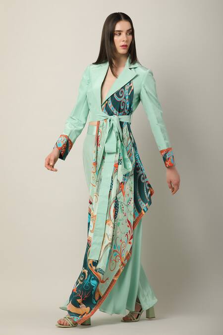 Shop_Limerick By Abirr N' Nanki_Multi Color Crepe Embroidery Collared Kira Placement Print Wrap Jacket _Online_at_Aza_Fashions