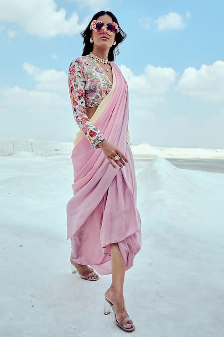 Nikita Vishakha_Purple Crepe, Georgette Embroidery V-neck Cowl Skirt Saree With Blouse _at_Aza_Fashions