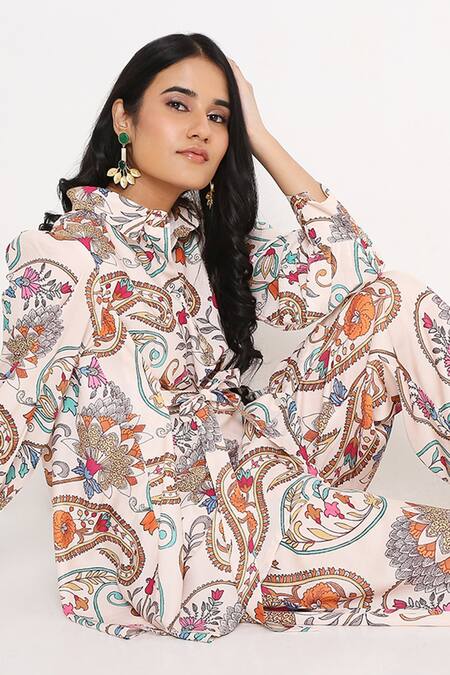 Shop_Bha Sha_Ivory Modal, Satin Collared Floral Bloom Print Tunic With Pant _Online_at_Aza_Fashions