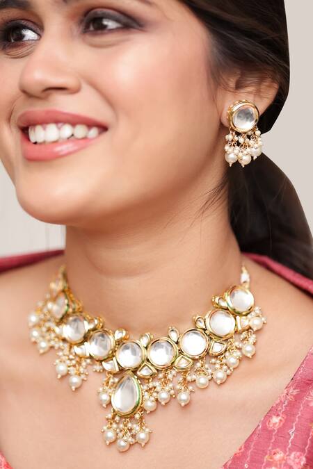 Shop Ishhaara Gold Plated Beads, Diamonds Kundan Stone Embellished Necklace Set Online at Aza Fashions Shop_Ishhaara_Gold Plated Beads, Diamonds Kundan Stone Embellished Necklace Set _Online_at_Aza_Fashions